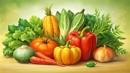 A variety of fresh vegetables including carrots, tomatoes, peppers, and leafy greens are displayed on a wooden surface. The colorful assortment reflects the beauty of natural produce