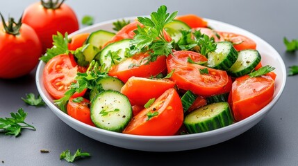 Fresh salad with tomatoes, cucumbers, and parsley in a bowl.