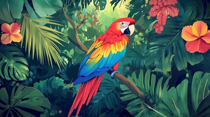 Colorful parrot with green nature