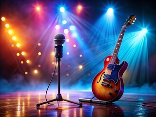 Fototapeta premium Long Exposure Photo of Electric Guitar and Microphone on Stage, Ready for Rock Concert