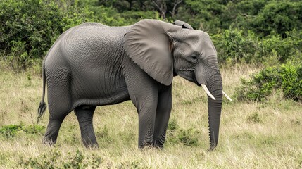 Fototapeta premium African elephant grazes peacefully in a grassy savanna, showcasing its natural habitat and majestic presence