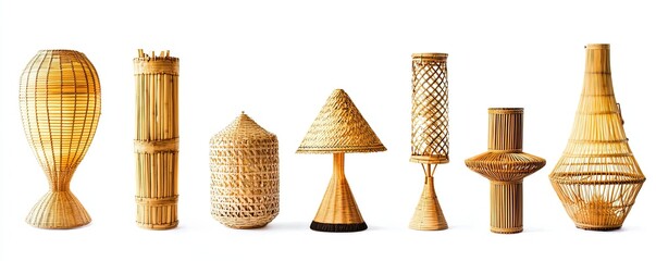 Collection of Elegant Handwoven Bamboo Lamps and Vessels