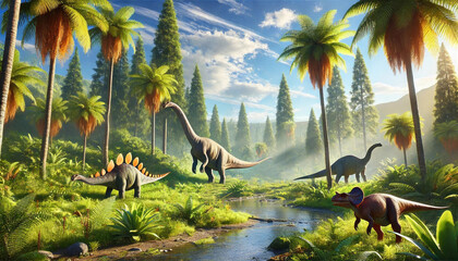 Jurassic scene with dinosaurs recreated with artificial intelligence