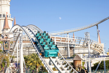 Roller coaster rails at a theme park, no people.