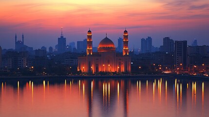 Illuminated mosque at sunset, reflected in calm water, cityscape backdrop.