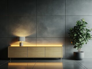 Modern minimalist living room interior design with wooden cabinet