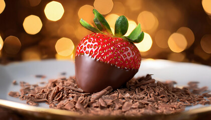 A fresh strawberry dipped halfway in dark chocolate rests on a bed of chocolate shavings in white plate with warm bokeh lights in the background.