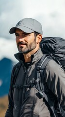 Obraz premium Man in outdoor gear with backpack, smiling against a mountainous backdrop, symbolizing adventure and exploration.