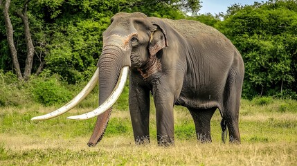 Obraz premium Majestic Asian elephant with long tusks stands in a grassy field, showcasing its impressive size and strength