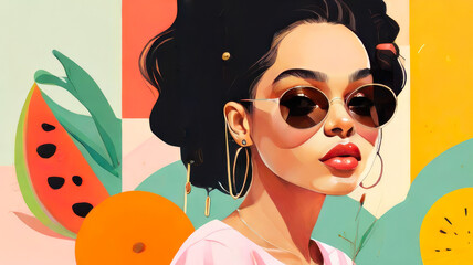 Pastel summer background in retro style. Stylish woman in large sunglasses. Collage with flowers and fruits