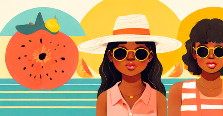 Drawing of a woman in retro style on a bright background with geometric shapes