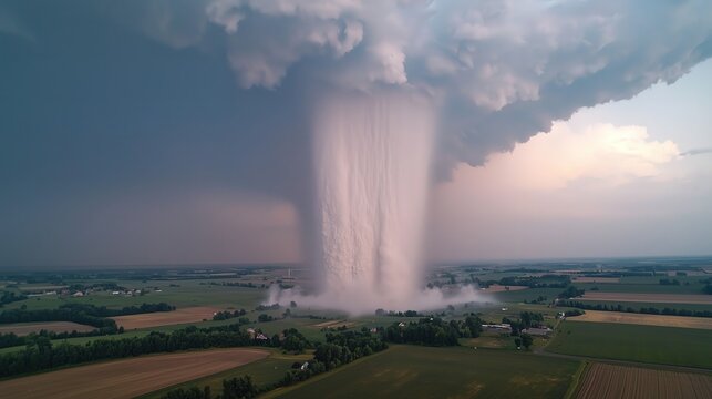 Intense microburst unleashes a torrent of rain over a vast landscape, creating a dramatic weather event