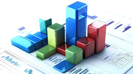 A photostock of multicolored 3D bar charts and graphs on paper, representing financial data and business performance