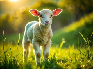 Fototapeta premium Documentary Photo: Lamb in Pastoral Setting, Rural Life, Springtime Pasture