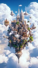 A breathtaking fantasy city floating amidst fluffy clouds, showcasing majestic architecture and vibrant greenery.  Ideal for fantasy, fairytale, or magical themes.