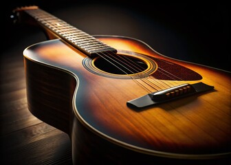 Low Light Acoustic Guitar Close-up: Black Background Stock Photo