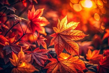 Low Light Autumn Leaves: Red Maple Foliage Glowing in Dusk