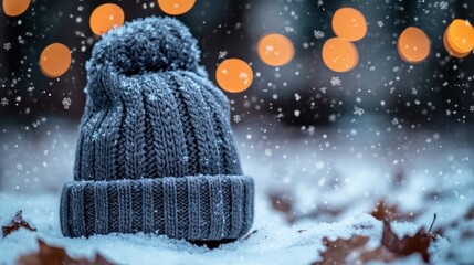 Winter hat nestled in freshly fallen snow with soft snowfall and warm holiday lights glimmering in the background