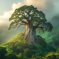 Majestic Tree on a Mountain Landscape in Soft Light