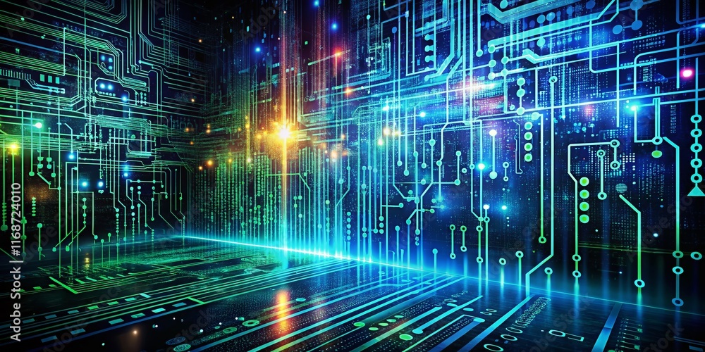 Poster double exposure: binary code & circuit board - abstract digital logic design