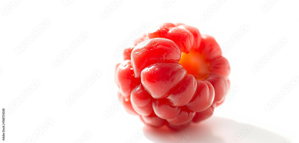 Poster a single fresh raspberry rests on a white surface highlighting its plump shape and glossy skin. the 