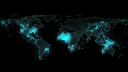 World map highlighting populated areas in glowing cyan.