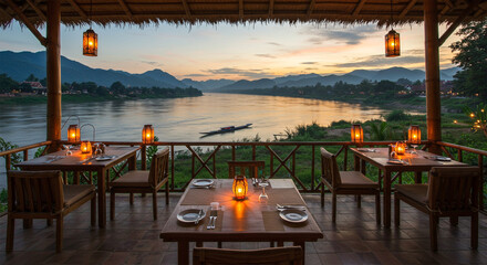 A romantic riverside dining scene in Luang Prabang, with lantern-lit tables, bamboo decorations, and views of the Mekong River at dusk