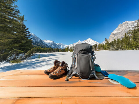 Winter hiking gear rests on a wooden surface overlooking a snow-covered landscape and majestic mountains under a vibrant blue sky.  A perfect day for adventure awaits.