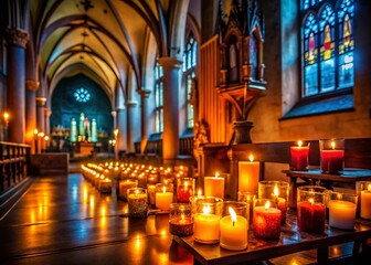 Fototapeta premium Low Light Church Interior, Prayer Candles Glowing, Spiritual Atmosphere, Peaceful Night Scene
