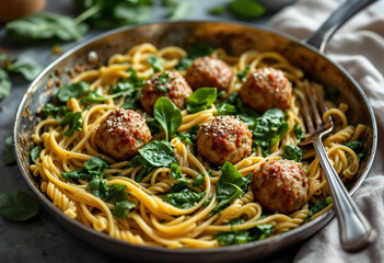 a skillet with plant-based meatballs and pasta in a spinach sauce