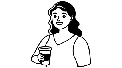 Savoring the Moment, Young Woman Enjoying Freshly Brewed Takeaway Coffee - Line Art Concept