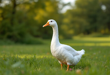 Fototapeta premium A white and orange duck standing on a grassy field with trees in the background