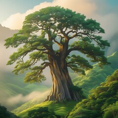 Majestic Tree on a Mountain Landscape in Soft Light
