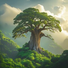 Majestic Tree on a Mountain Landscape in Soft Light