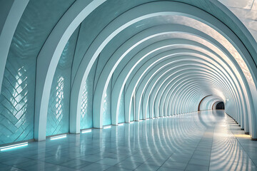 Fototapeta premium A futuristic 3D-rendered corridor with repeating arches, smooth reflective surfaces, and a soft ethereal glow. Muted tones of light blue and white enhance its sleek, otherworldly vibe