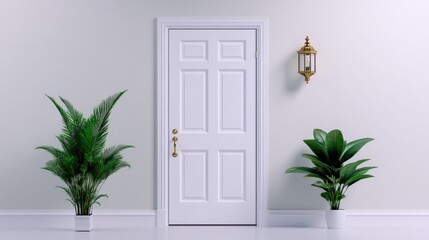 A simple interior scene featuring a door and two potted plants.