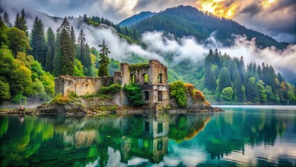 Fototapeta premium Double Exposure: Lake Ritsa Ruins, Abkhazia - Ethereal Coastal Decay