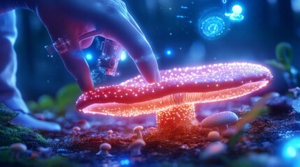 Futuristic Digital Mushroom Farm with Holographic Mycology Data. Generative AI