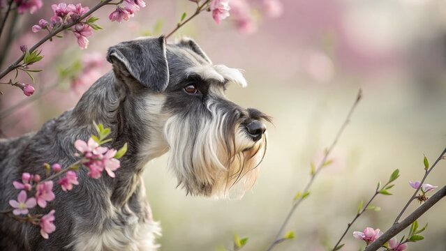 Double Exposure: Majestic Mauzer Dog & Blooming Flowers