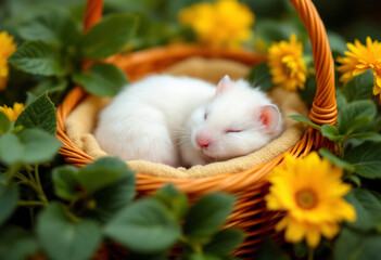 Obraz premium A white hamster sleeping in an orange wicker basket surrounded by green leaves and yellow flowers
