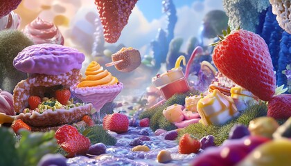 Utopian dining scene, vivid macro details of gourmet meals, culinary masterpieces, enchanting atmosphere, vibrant dreams captured in food