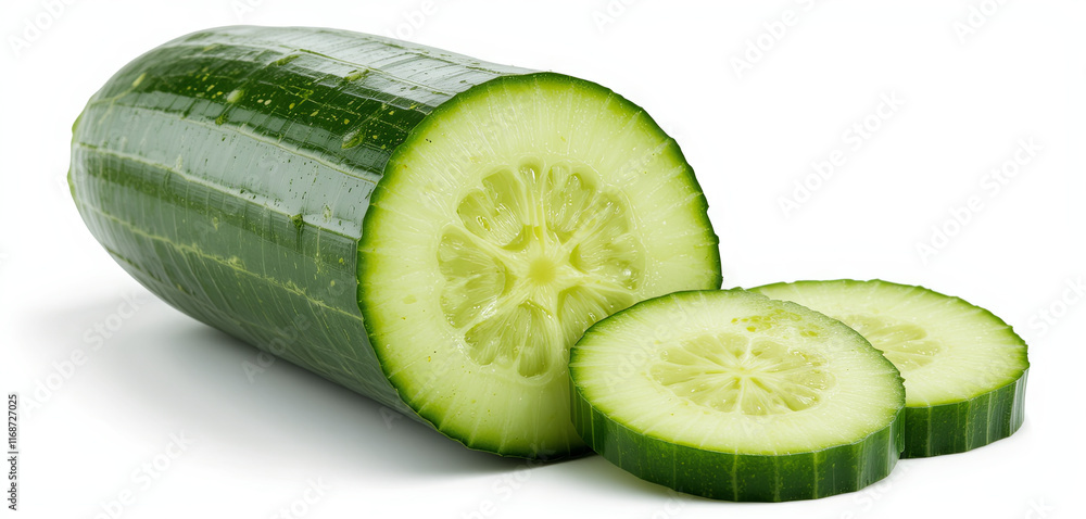 Poster brightly colored cucumber is sliced into three pieces, showcasing its crisp texture and refreshing g