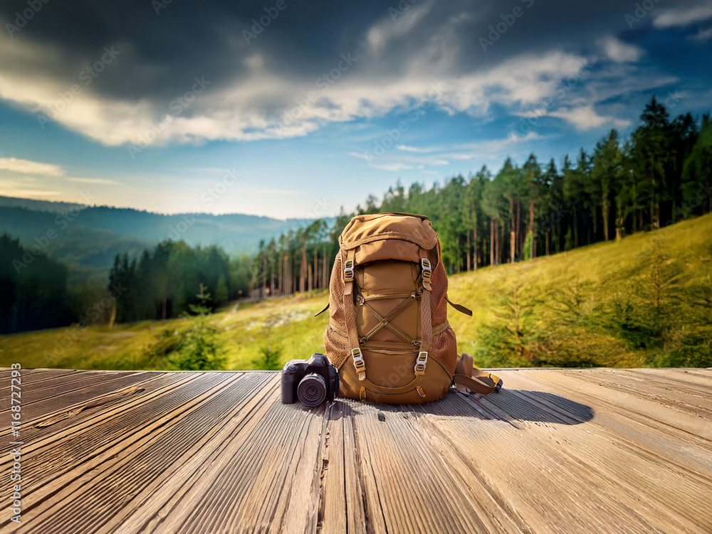 Poster a tan backpack and camera rest on a wooden deck overlooking a scenic vista of rolling hills, lush gr