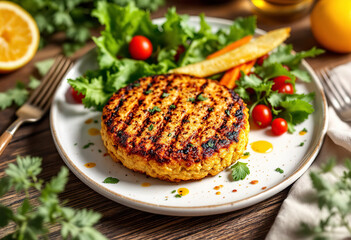 A white plate with a vegan grilled burger made of plant-based meatless patties
