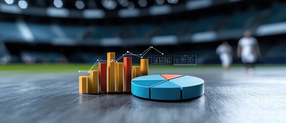 Sport business concept, A dynamic blend of sports action shots with pie charts and bar graphs, illustrating the statistical side of sports business