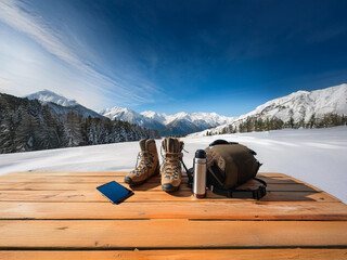 Winter hiking gear rests on a wooden table, overlooking a breathtaking snow-capped mountain range under a vibrant blue sky.  A sense of adventure and tranquility fills the scene.