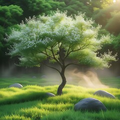 Majestic Tree on a Mountain Landscape in Soft Light
