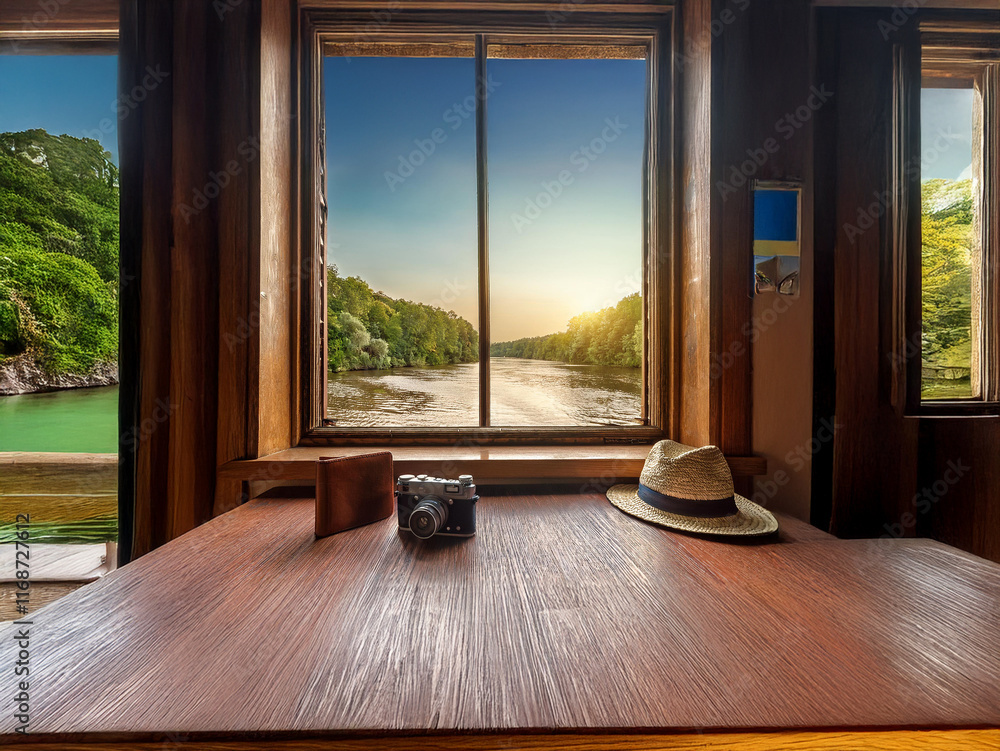 Poster serene river view seen through a rustic cabin window. sunlight illuminates the water. a vintage came