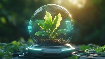 Futuristic Smart Greenhouse Sphere with Digital Holograms. Generative AI