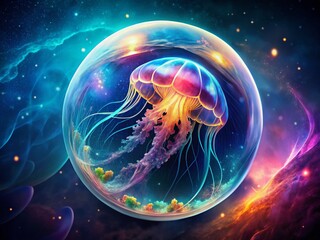 Fototapeta premium Double Exposure: Vibrant Jellyfish and Abstract Orb, Surreal Underwater Scene